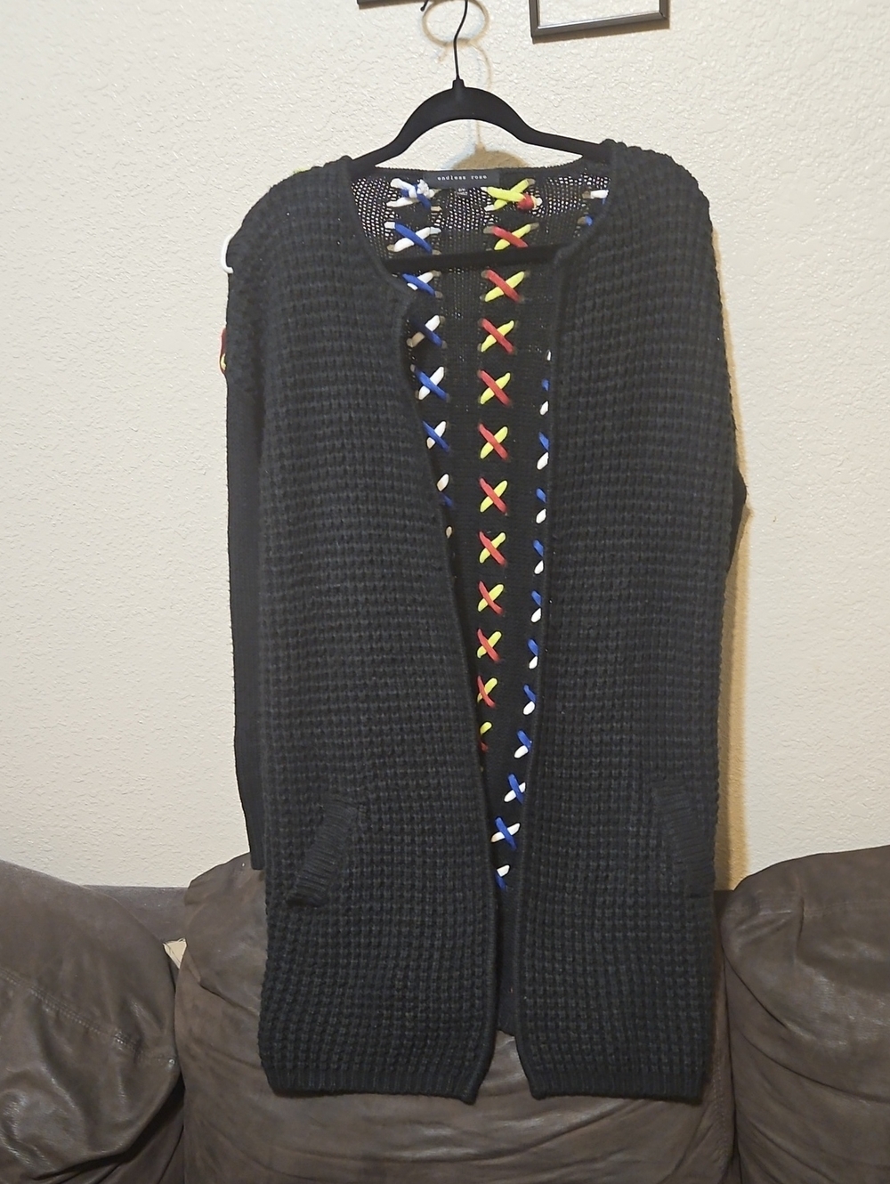 Endless Rose Black Waffle Knit Cardigan with Multicolor Ribbon Lacing
